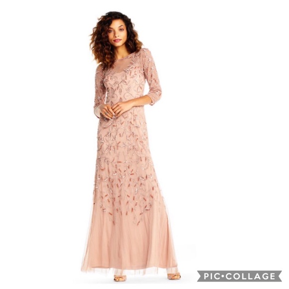 Adrianna Papell beaded Long sleeve rose gold godet dress - Picture 3 of 15